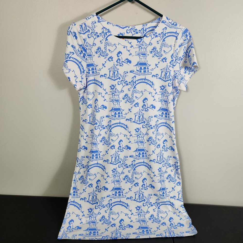 Jude Connally Dress XS Blue White Chinoiserie Pagoda Print Short Sleeve